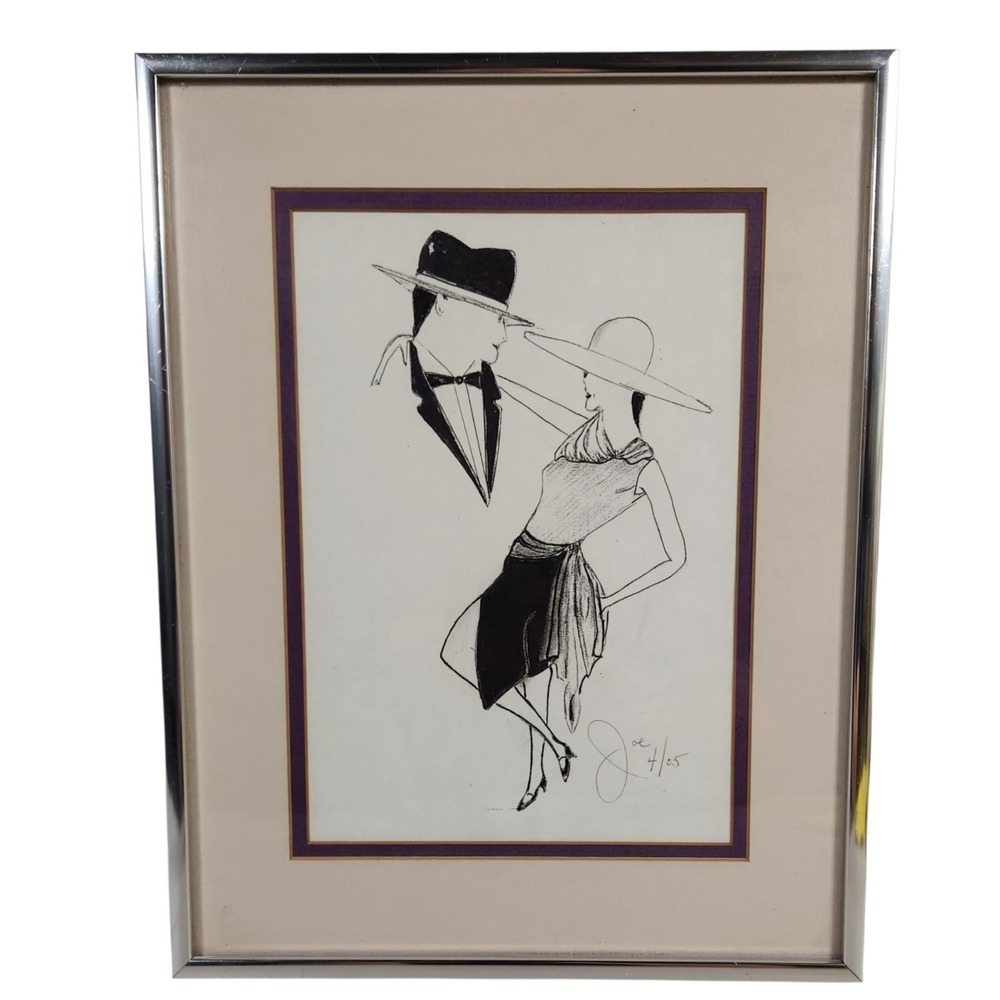 Signed Original Fashion Illustration Framed Drawing Couple Black White Art Dated